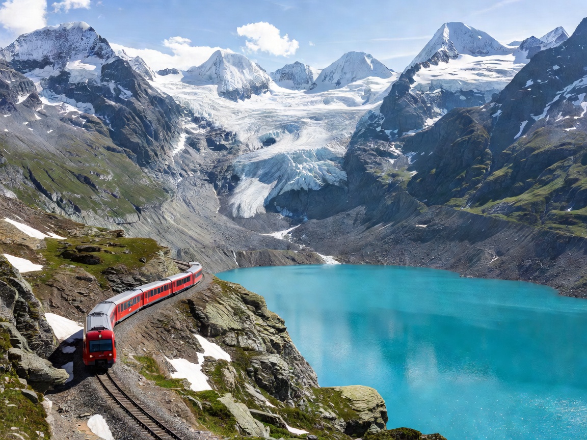 Bernina Express near glacier lake