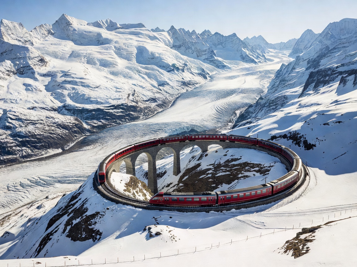 Bernina Express railway winding through Swiss alpine glaciers and Brusio spiral