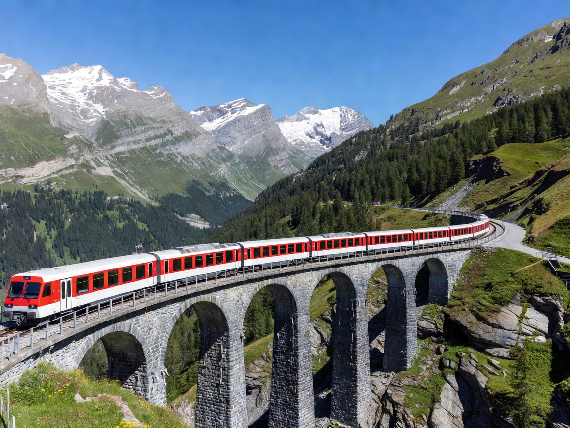 Glacier Express curving over high stone viaduct in Swiss Alps