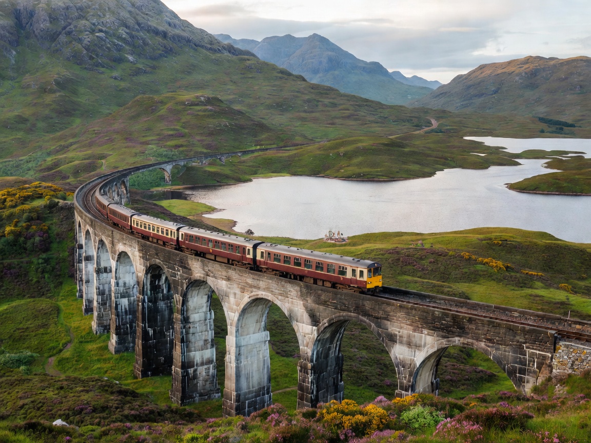 West Highland Line Scottish train crossing Glenfinnan Viaduct